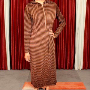 Coffee Brown Striped Slant Pocket Drawstring Hooded Dress